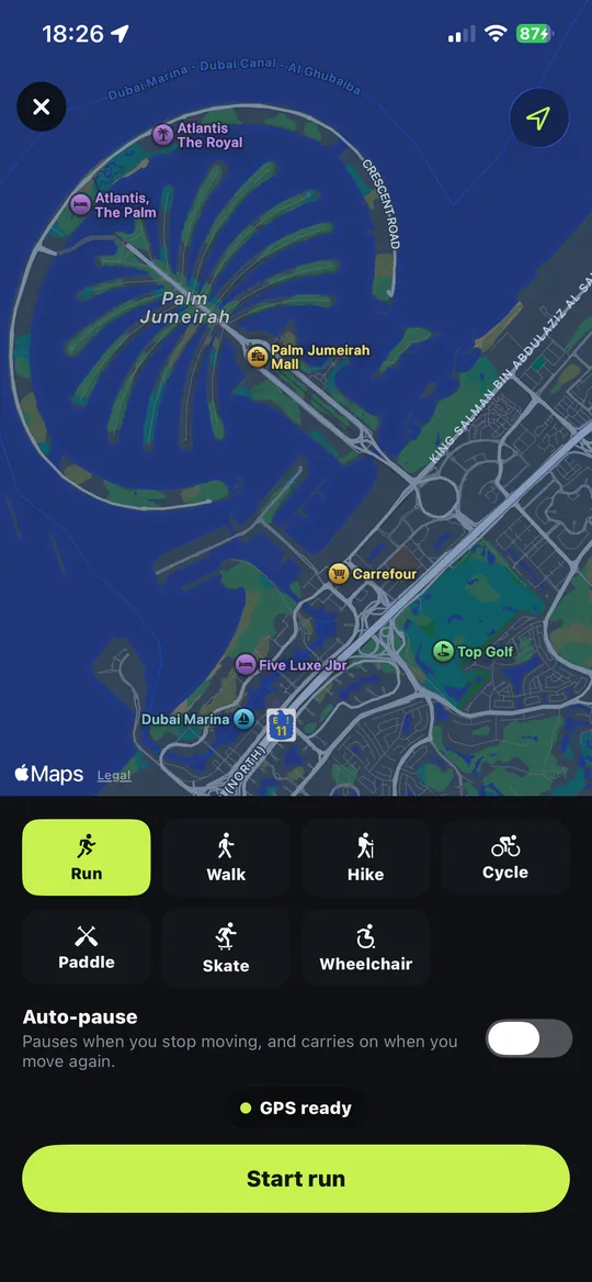 Starting a run on the map in the SanoobFit app