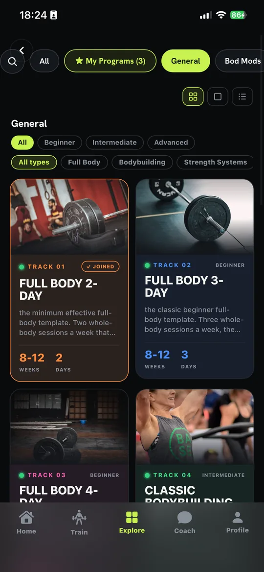 The program library in the SanoobFit app
