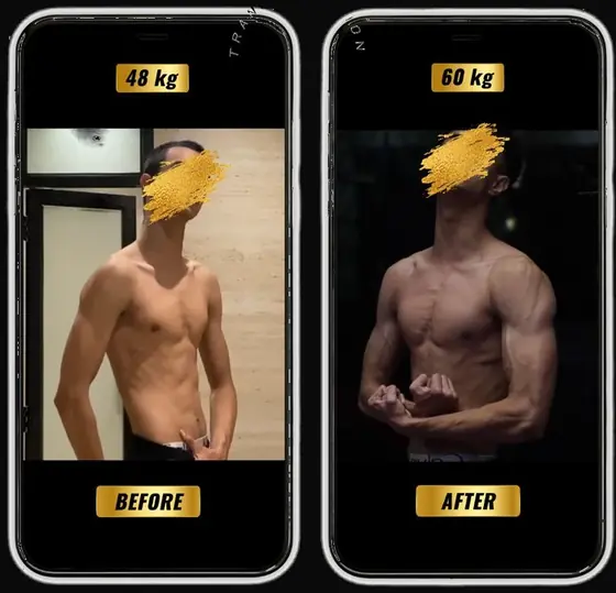 SanoobFit muscle gain transformation, male, 48kg to 60kg