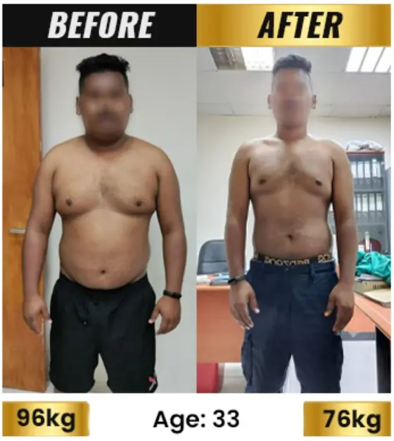 SanoobFit fat loss transformation, age 33, 96kg to 76kg