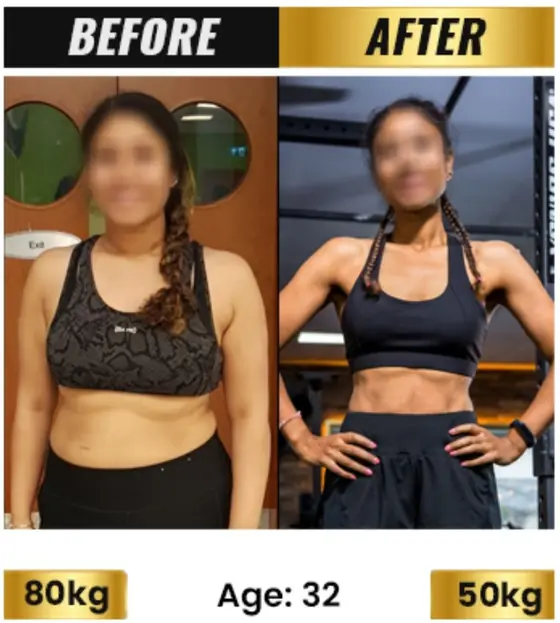 SanoobFit fat loss transformation, age 32, 80kg to 50kg