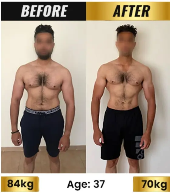 SanoobFit fat loss transformation, age 37, 84kg to 70kg