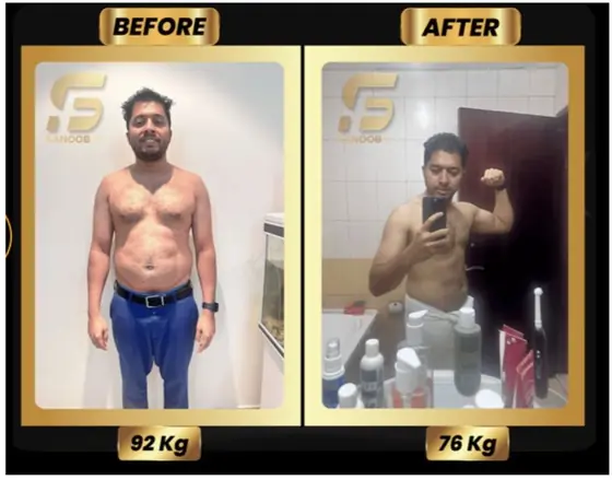 SanoobFit fat loss transformation, male, 92kg to 76kg