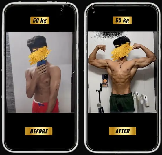 SanoobFit muscle gain transformation, male, 50kg to 65kg
