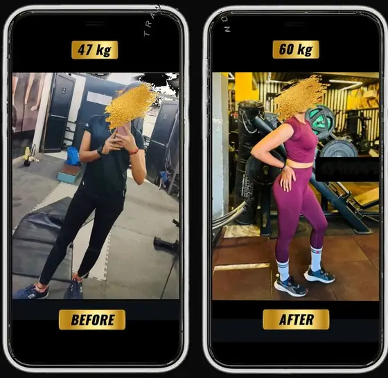 SanoobFit muscle gain transformation, female, 47kg to 60kg