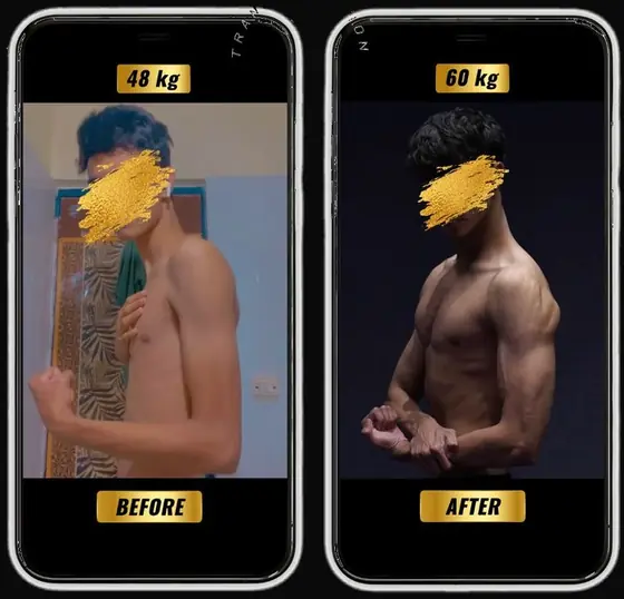 SanoobFit muscle gain transformation, male, 48kg to 60kg