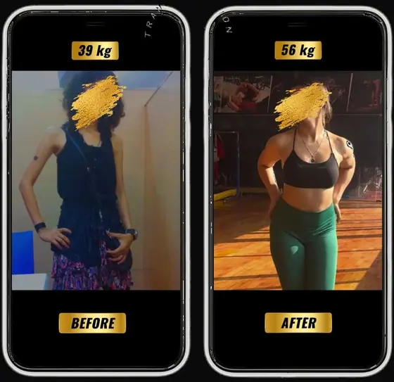 SanoobFit muscle gain transformation, female, 39kg to 56kg