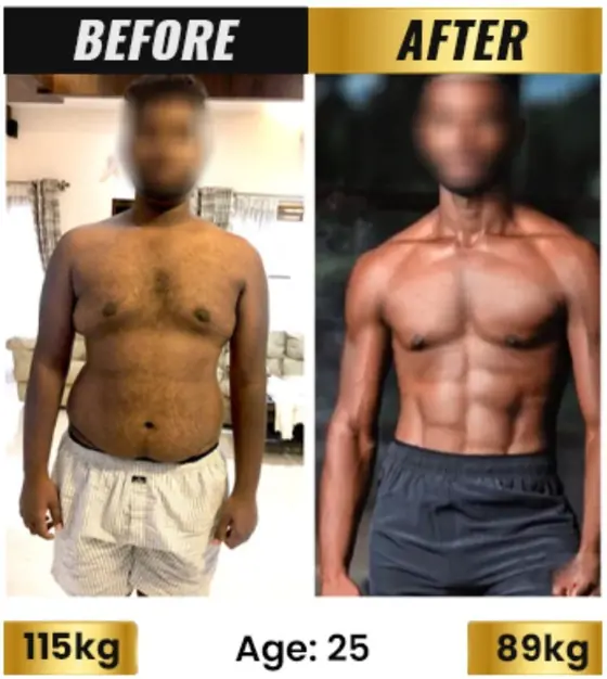 SanoobFit fat loss transformation, age 25, 115kg to 89kg