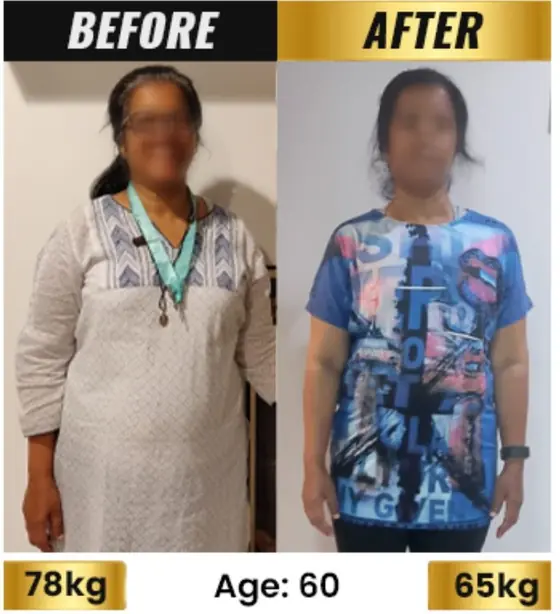 SanoobFit fat loss transformation, age 60, 78kg to 65kg